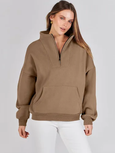 Vista 8 de ANRABESS Sudaderas de manga larga para mujer, forro polar de gran tamaño, media cremallera, sudaderas con capucha para adolescentes y niñas, suéter