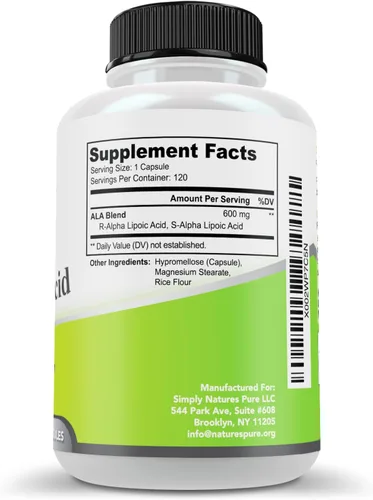 Vista 6 de Simply Nature's Pure - Ácido alfa lipoico 600 mg, 120 cápsulas vegetarianas, RLA R-LA R-lipoico S-lipoico, ALA, ácido tióctico, 4 meses de suministro