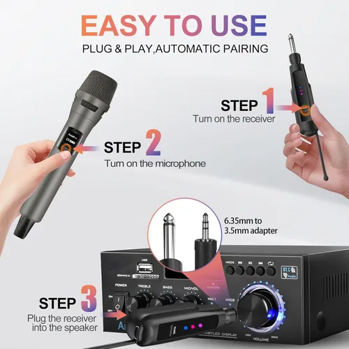 Vista 4 de Sistema de micrófono inalámbrico Aveek de 2.4GHz, micrófonos recargables y receptor, plug & play para máquina de karaoke, altavoces de fiesta