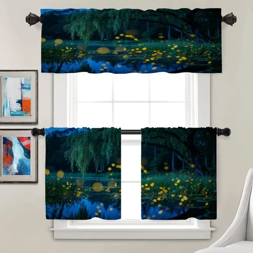 Vista 32 de Batmerry American Flag Ink Dot Blackout Tier Curtains, Red Blue White Stars Abstract Thermal Insulated Half Curtain Rod Pocket Small Valance for