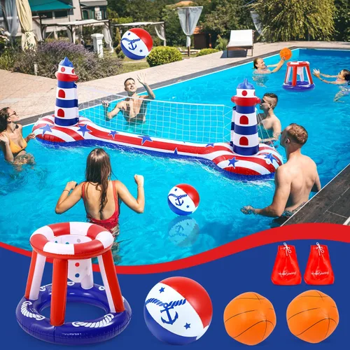 Vista 3 de EagleStone Juego de flotador inflable para piscina con red de voleibol y aro de baloncesto, juegos acuáticos flotantes 2 en 1 para niños y adultos