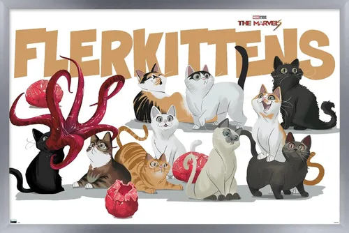 Vista 9 de Marvel The Marvels - Póster de pared de Flerkittens, 22.4 pulgadas de largo x 14.7 pulgadas de ancho, versión enmarcada de madera de granero
