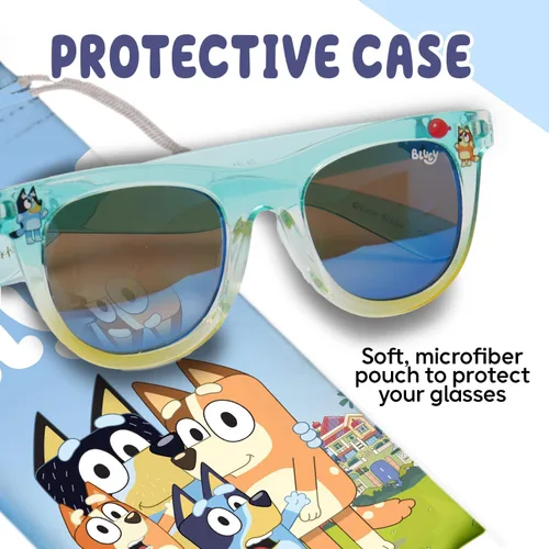 Vista 4 de Bluey - Lentes de sol para niños pequeños, cómodos lentes de sol Bluey con protección UV, tamaño pequeño con funda de transporte suave, accesorios