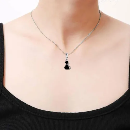 Vista 4 de Dije colgante de amor de gato negro compatible con pulseras Pandora, Cobre, vidrio
