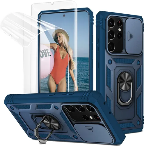 Vista 11 de Jeylly Funda para Galaxy A12 con cubierta deslizante para cámara, protector de pantalla de vidrio templado, protección híbrida de policarbonato duro