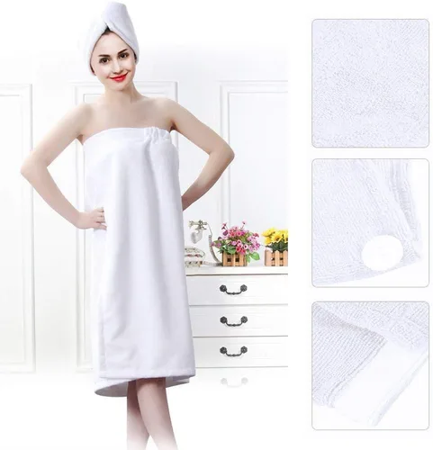 Vista 3 de Keenso Juego de albornoz de spa para mujer con gorro de secado de pelo, toalla suave de secado rápido, diseño ajustable, blanco, rosa, azul, 35.4 x