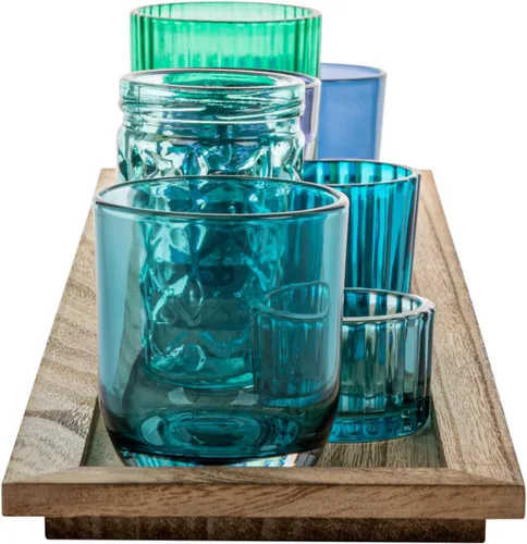 Vista 7 de Creative Co-Op Bandeja de madera con 9 soportes votivos de vidrio azul y verde