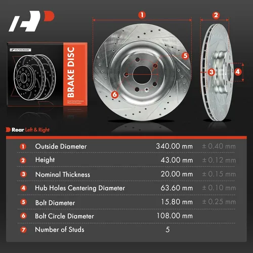 Vista 5 de A-Premium Rotores de freno de disco perforados y ranurados traseros de 13.38 pulgadas (13.386 in) compatibles con modelos seleccionados de Volvo