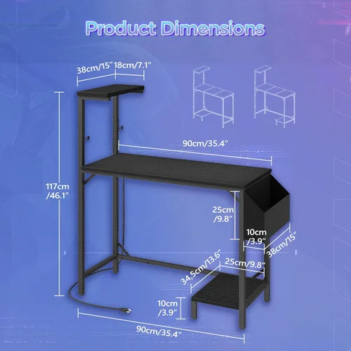 Vista 3 de MAHANCRIS Escritorio para videojuegos, escritorio de computadora con estación de carga y luz LED, escritorio pequeño para PC con bolsa