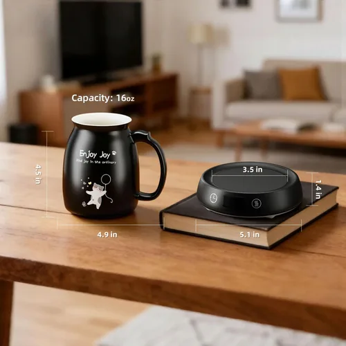Vista 7 de Calentador de taza de café con bonito juego de tazas de gato, calentador eléctrico de 8 horas de apagado automático para escritorio, oficina, hogar