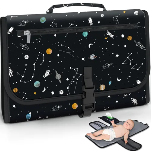 Vista 7 de Cambiador portátil rosa, impermeable, plegable, para bebé, con patrón de dinosaurio, cambiador de pañales, bolsa de viaje, cambiador de pañales