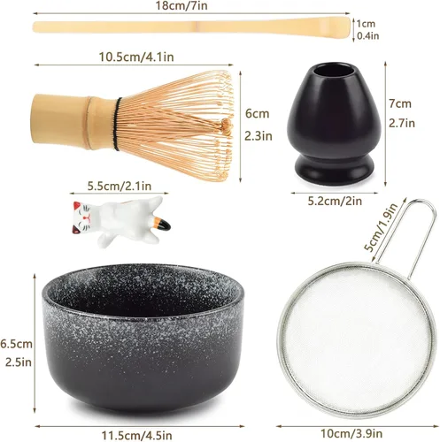 Vista 4 de Juego de batidor de matcha, juego de té Matcha incluido cuenco matcha, batidor de bambú matcha, cuchara, soporte para batidor de matcha, soporte