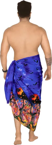 Vista 4 de HAPPY BAY Pareo para hombre, diseño de calabaza aterradora de Halloween, traje de baño, pareo de verano para hombres, talla única, árbol embrujado