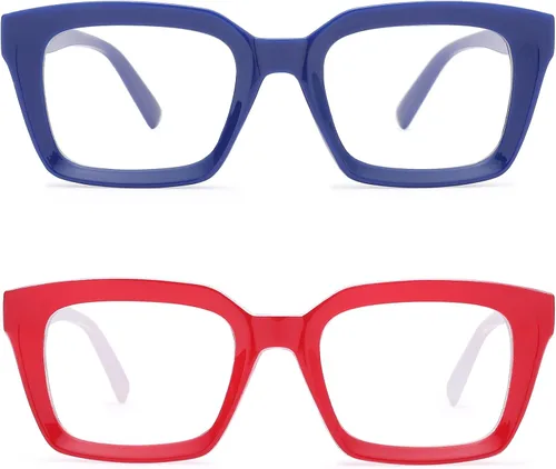 Vista 3 de Hycredi Gafas cuadradas clásicas sin receta para mujeres y hombres, lentes de montura cuadrada gruesa, A4*2pack-(azul+rojo)