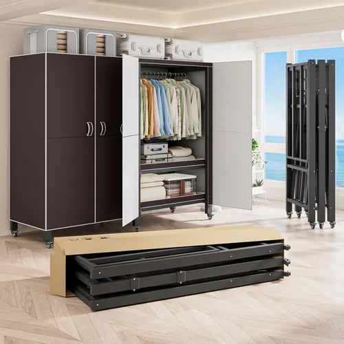 Vista 11 de Perchero cubierto resistente con puerta magnética, plegable, portátil, para colgar ropa, perchero de metal negro con ruedas (negro, 49.12 pulgadas)