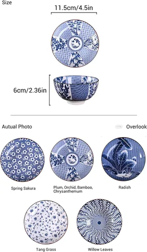 Vista 5 de Gegong Paquete de 6 cuencos de cerámica, cuencos de arroz de estilo japonés, cuencos de porcelana azul y blanca de 10 onzas, cuencos de cereales