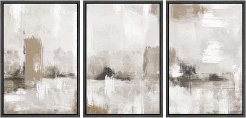 Vista 240 de SIGNFORD - Set de obras de arte en lienzo enmarcado para pared, ilustraciones abstractas de neblina del desierto en tonos neutros beige y marrón
