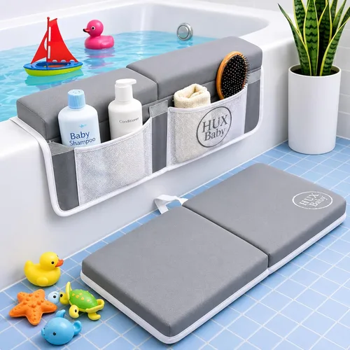 Vista 10 de Cómodo juego de rodilleras y coderas de baño para bebé, almohadilla antideslizante para bañarse, tapete acolchado para bañera, coderas, bolsillos