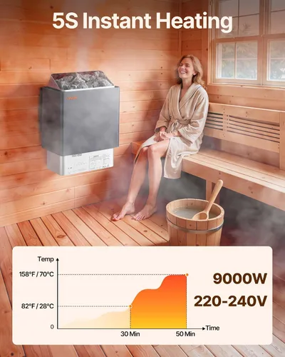 Vista 2 de VEVOR - Calefactor de sauna, estufa eléctrica de 9 kW, 220 V, calefactor de baño de vapor con controlador digital externo, temporizador de 3 h
