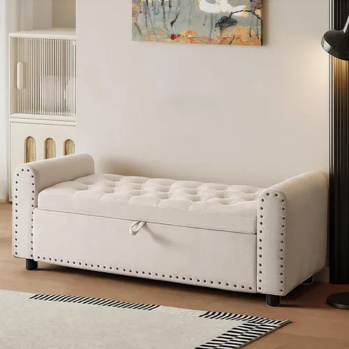 Vista 20 de 48" Ottoman with Storage, Tufted Storage Ottoman Bench, Convenient Living Room Fabrics Bench Seat, Entryway Shoe Benches with Inner Zipper & Arm