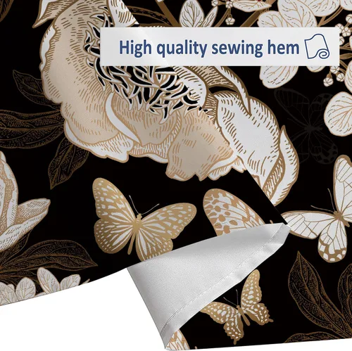 Vista 6 de Cortina de ducha de mariposa floral negra y dorada, cortina de ducha bohemia con diseño botánico de flores oscuras para baño con gancho, juego