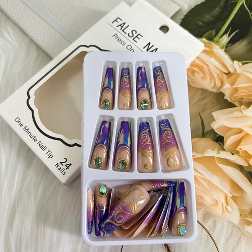 Vista 6 de Uñas postizas largas cuadradas de acrílico artificiales con punta francesa, diseño de mariposa dorada, diseño de mariposa dorada, uñas postizas