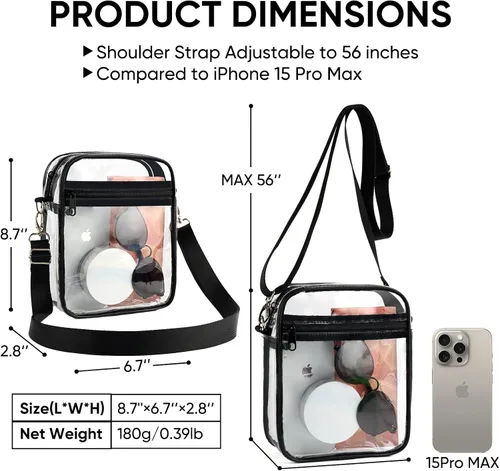 Vista 3 de JOWURY Bolso cruzado transparente para mujer, bolso de concierto aprobado por estadios para festivales de música y eventos deportivos, Negro