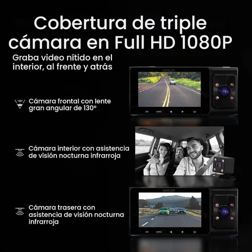 Vista 2 de Minolta MNCD338T 3-Ch FHD Vista Trasera Frontal 3" Pantalla LCD Dash Cámara, B Negro