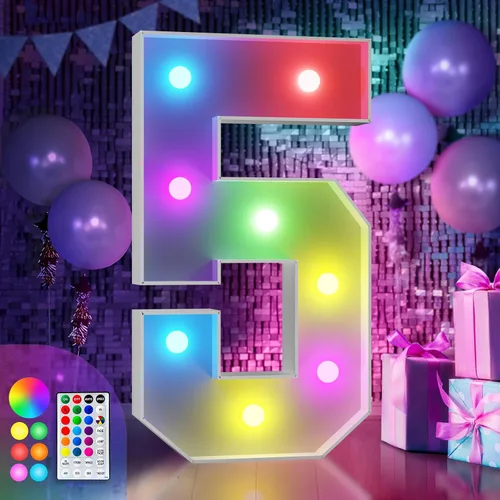 Vista 57 de Imprsv Letras coloridas de marquesina de 3 pies y letras grandes iluminadas RGB con control remoto, decoraciones de fiesta de cumpleaños Carta