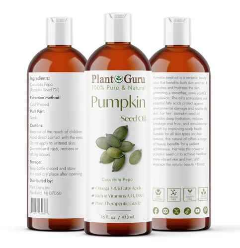 Vista 2 de Plant Guru Aceite de semilla de calabaza de 16 onzas. Virgen, sin refinar, prensado en frío, 100% puro y natural, ideal para hidratar piel, cara
