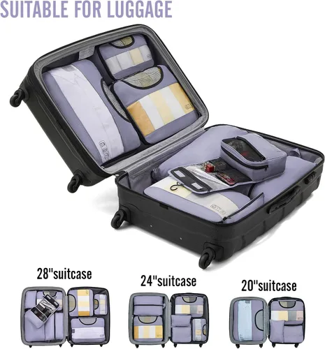 Vista 6 de Veken Juego de 8 cubos de embalaje para artículos esenciales de viaje, bolsas organizadoras de maleta en 4 tamaños, accesorios de equipaje de mano