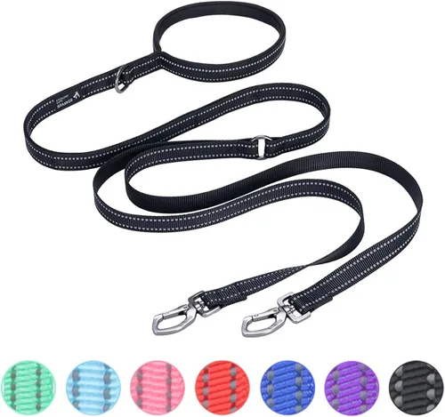 Vista 15 de EXCELLENT ELITE SPANKER Correa doble reflectante - Correa doble para perro de 5 pies con mango acolchado para dos perros que caminan y entrenan Negro