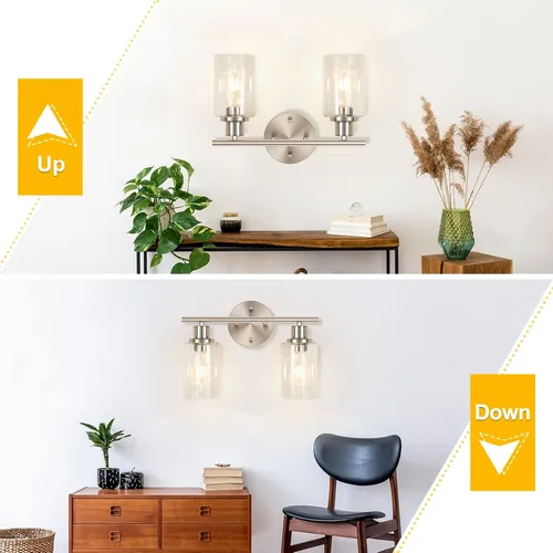 Vista 3 de Lámpara de pared de 2 luces, luz de tocador de baño sobre espejo Wall Sconce Light Fixture with Clear Glass Shade Brushed Nickel Modern Metal Wall