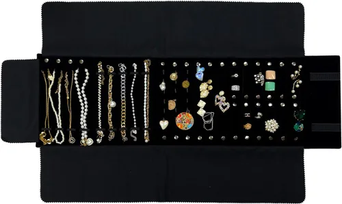 Vista 19 de UnionPlus - Estuche de terciopelo para joyería de viaje, bolsa enrollable para collares, pulseras, gran organizador de joyas para viajes, multi Beige