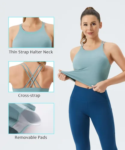 Vista 5 de THE GYM PEOPLE Sujetador deportivo con espalda cruzada para mujer, cuello halter, camiseta corta sin mangas con almohadillas extraíbles