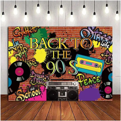 Vista 3 de Fondo de fotografía de fiesta temática de los años 90 Hip Hop 90th Graffiti pared de ladrillo Fondo de fotos de vinilo de 5x3 pies Retro Radio Prom