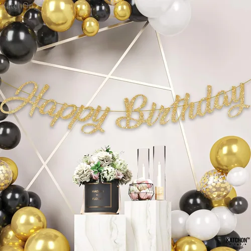 Vista 6 de KatchOn, Cartel de feliz cumpleaños dorado con purpurina – 10 pies, pre-encordado Letrero dorado de feliz cumpleaños para decoraciones doradas