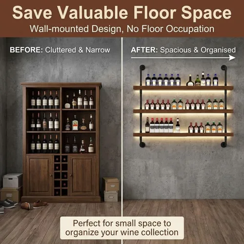 Vista 5 de Estantes de madera maciza para vino montados en la pared con luces LED, estante de exhibición de botellas de vino de metal moderno, estante flotante