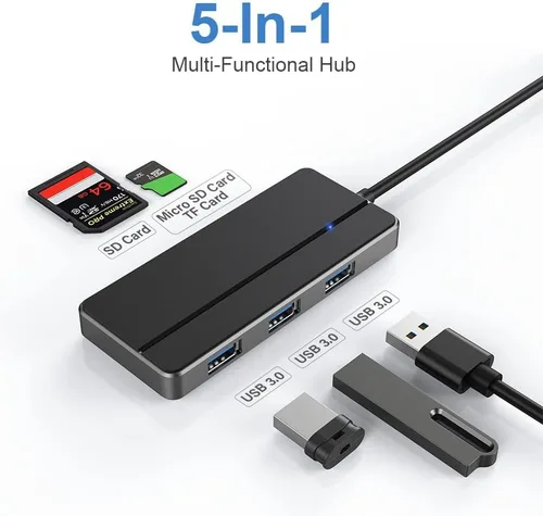 Vista 2 de Orlian Hub adaptador USB 3.0 5 en 1, con 3 puertos USB 3.0, lector de tarjetas SD y microSD, adaptador USB A a USB C, para MacBook Pro, iMac, XPS