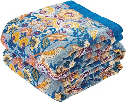Vista 31 de Manta bohemia de muselina de algodón tejida con flores decorativas de 50 x A-verde