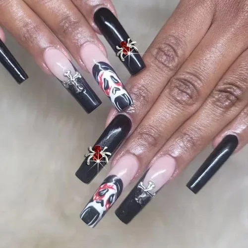 Vista 2 de Dijes de araña 3D para uñas de araña, dijes de araña plateada para uñas, incrustaciones de gemas rojas y rosas, punk, retro, diamantes de imitación