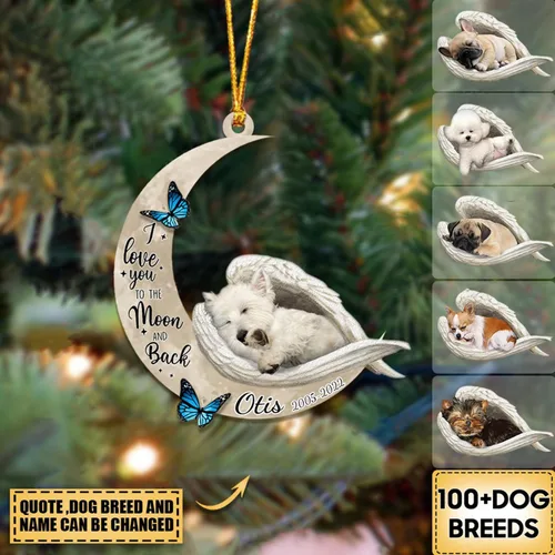 Vista 3 de Adorno colgante personalizado de ángel durmiendo en la luna, perro sabueso afgano, nombre personalizado, acrílico impreso en 2D plano – cumpleaños