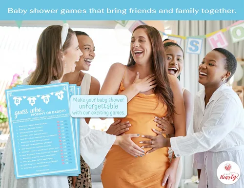 Vista 3 de Party Hearty Juegos de baby shower, adivina quién mamá o papá - azul 30 tarjetas azules, juego de adivina quién, divertidas tarjetas de actividad