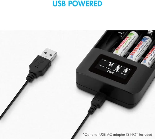 Vista 6 de Tenergy TN474U Cargador de batería NiMH/NiCD de 4 bahías con pantalla LCD y entrada USB, cargador portátil para baterías AA/AAA NiMH y NiCD