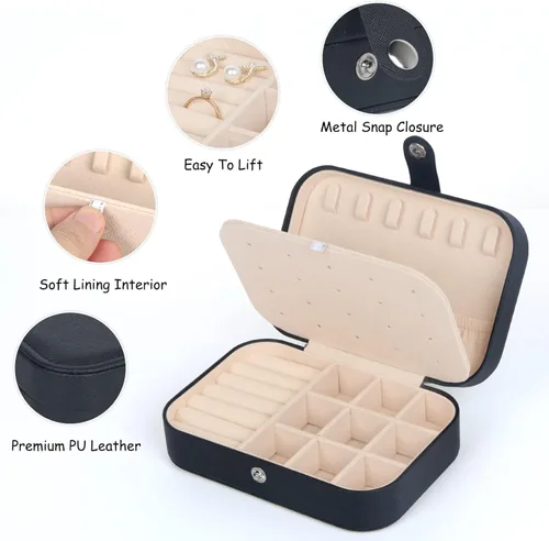 Vista 3 de Joyero de viaje, pequeñas cajas organizadoras de joyas para mujeres y niñas, estuche de joyería de viaje de 2 capas, mini soporte portátil