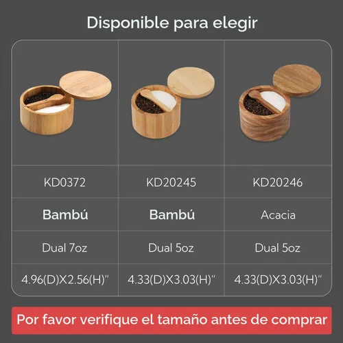 Vista 7 de KITCHENDAO Caja de Tazón de Sal y Pimienta de Madera de Acacia, Cuchara Incorporada, Contenedor de Condimentos de Especias de Dos Compartimentos