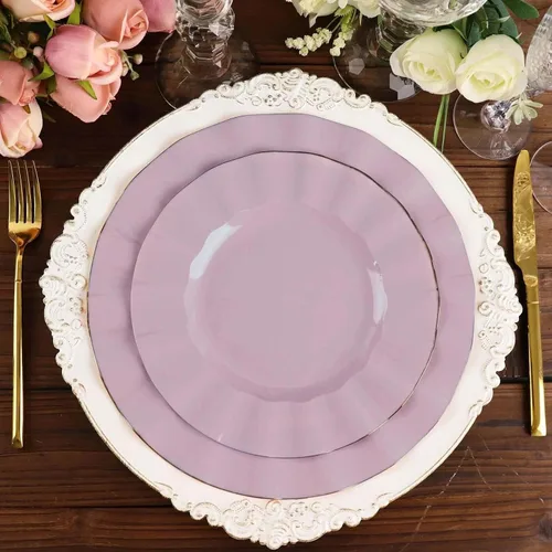 Vista 54 de Tableclothsfactory Paquete de 10 platos redondos de plástico negro de 6 pulgadas para ensalada de postre, platos desechables con borde ondulado