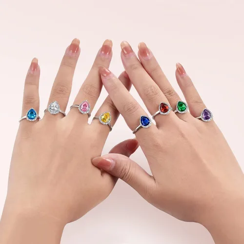 Vista 6 de 925 Sterling Silver Birthstone Rings for Women Girls with Clear 2ct HeartRoundTeardropSquare Crystal, Solitaire Diamond Halo Open Bands Cubic