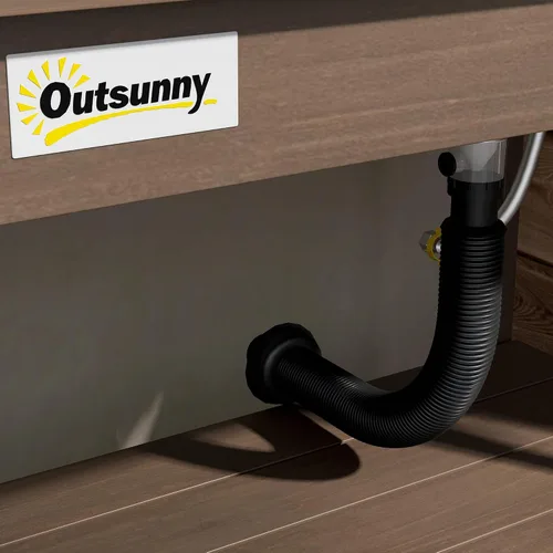 Vista 8 de Outsunny Banco de Jardinería Exterior de Madera con Mesa y Fregadero y Grifo, Estación de Trabajo de Jardín con Gabinete de Almacenamiento, Estantes