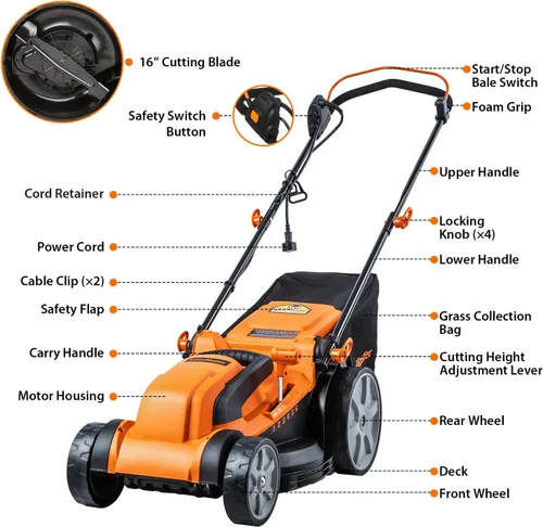 Vista 3 de LawnMaster MEB1216K - Cortacésped eléctrico de 16 pulgadas, 12 amperios, y Yard Master 9940010, cable de extensión de 120 pies, ligero